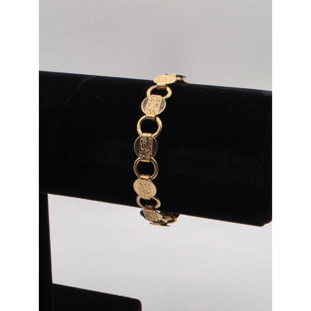 Sarah Coventry Vintage Gold Tone Etched Floral Disc and Ring Link Bracelet 7.5in